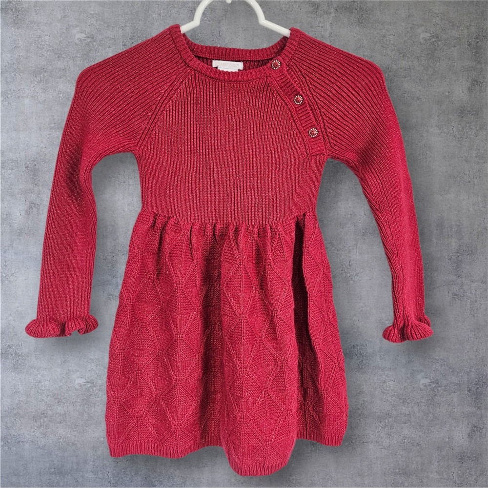 Shabby Chic Kids Red Sparkle Knit Sweater Dress Ruffle Hem Button Shoulder 5T